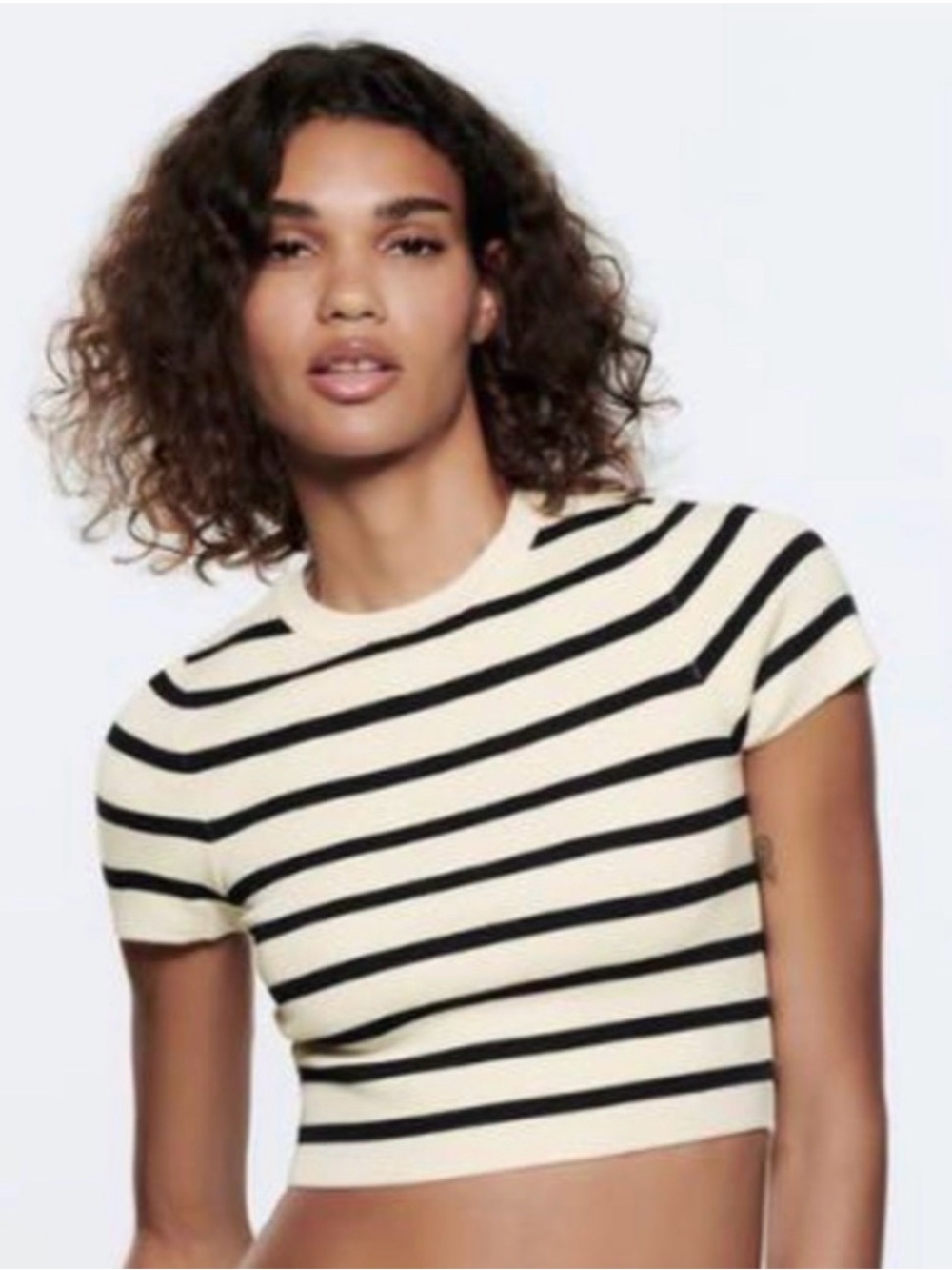 Zara Cream and Black Striped Short-Sleeve Crop Top